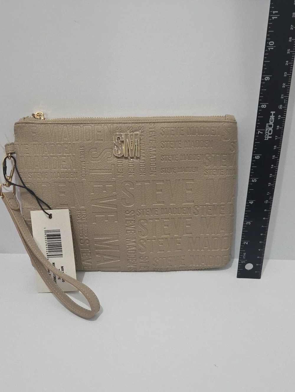 Steve Madden Taupe Embossed Logo Wristlet Clutch